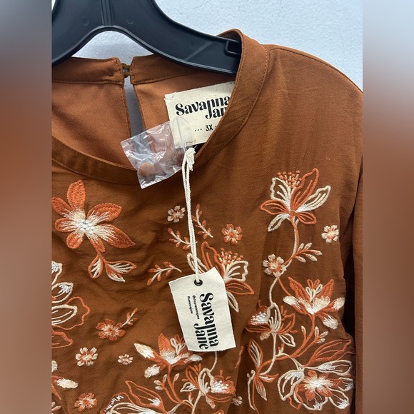 NWT SAVANNA JANE BROWN  EMBROIDERED FLORAL  DRAWSTRING WAIST DRESS, Size 3X - Picture 3 of 6